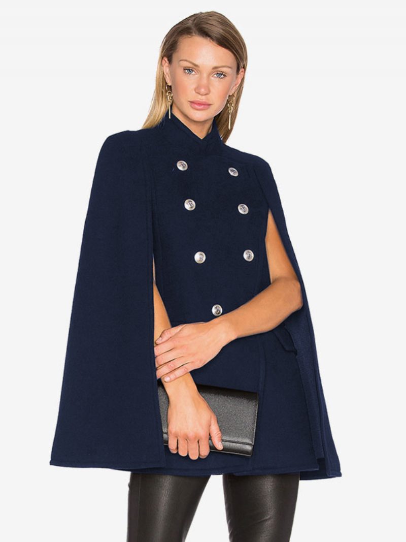 Woll-poncho-mantel Mit Stehkragen Zweireihig Für Damen Cape-oberbekleidung - Dunkles Marineblau