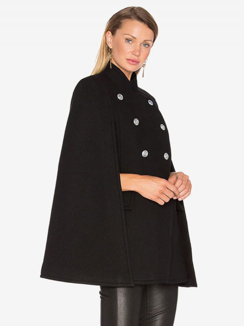 Woll-poncho-mantel Mit Stehkragen Zweireihig Für Damen Cape-oberbekleidung - Schwarz