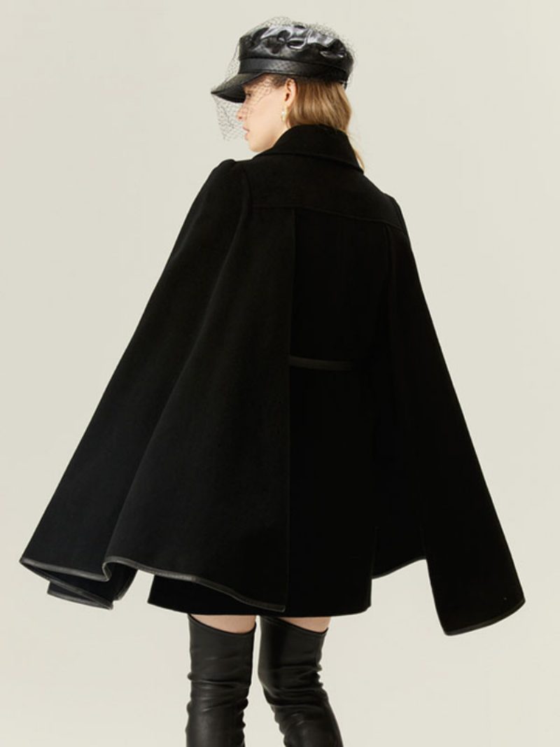 Woll-poncho-mantel Zweireihig Cape Kettengürtel Oberbekleidung Für Damen - Schwarz