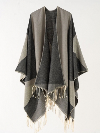 Zweifarbiger Cape Daily Casual Poncho Für Damen Mit Fransen