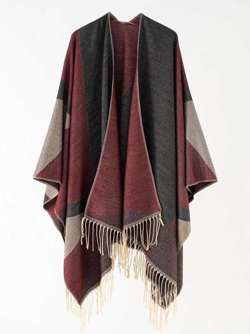 Zweifarbiger Cape Daily Casual Poncho Für Damen Mit Fransen - Burgund