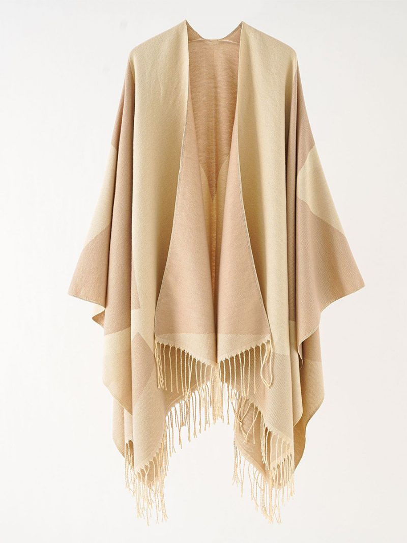 Zweifarbiger Cape Daily Casual Poncho Für Damen Mit Fransen - Khaki