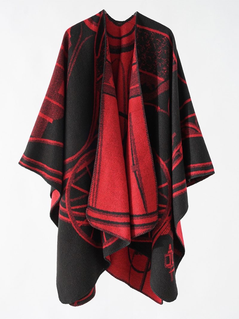 Zweifarbiger Poncho Für Damen Täglicher Lässiger Eleganter Umhang - Rot