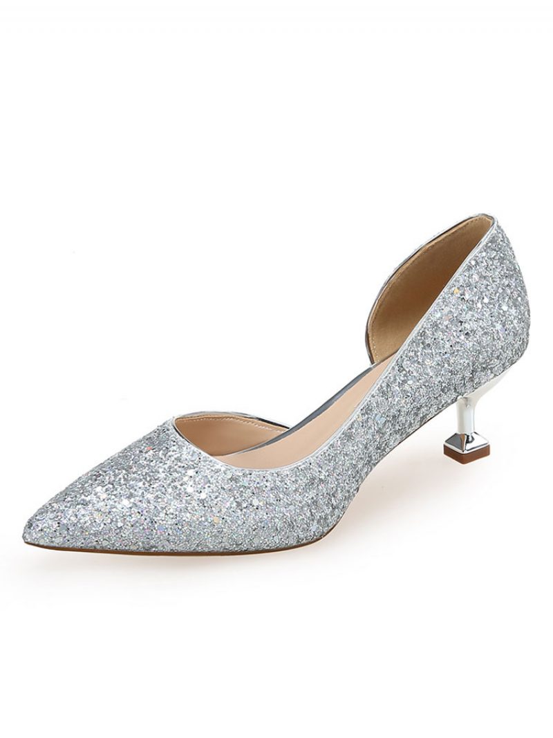 Damen-abendpumps Mit Glitzer-kitten-heels Und Spitzer Zehenpartie - Silber