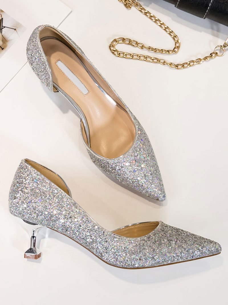 Damen-abendpumps Mit Glitzer-kitten-heels Und Spitzer Zehenpartie - Silber