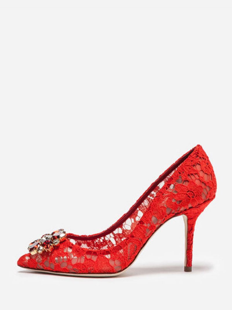 Damen-brautschuhe Mit Spitzen-high-heels Und Spitzen Strasssteinen Schwarz - Rot