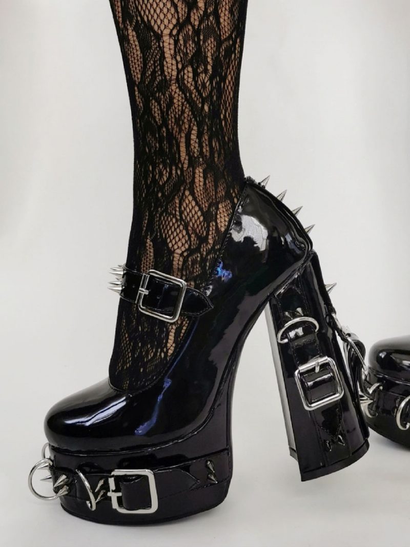 Damen-high-heels Im Punk-stil Schwarze High-heels Mit Bukle-detail Und Nieten - Schwarz