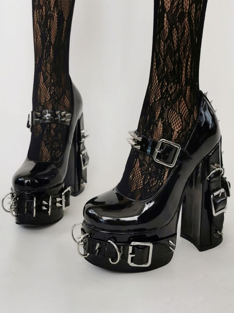 Damen-high-heels Im Punk-stil Schwarze High-heels Mit Bukle-detail Und Nieten - Schwarz