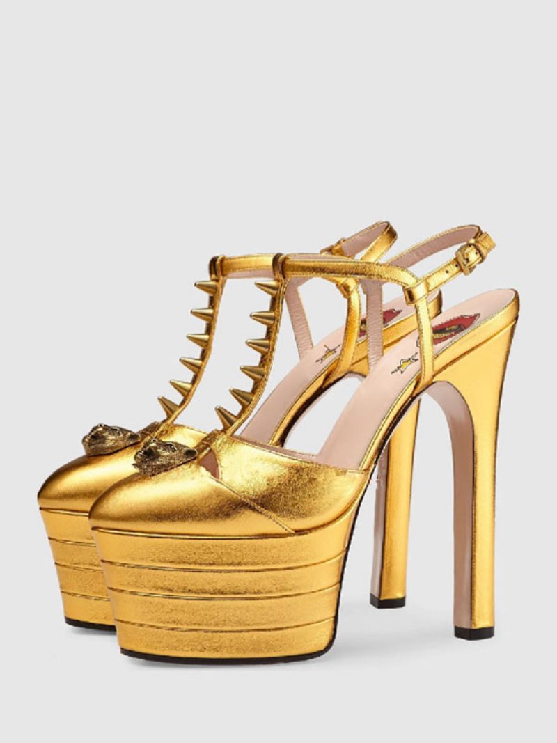 Damen-high-heels Plateau Runder Zehenbereich Hoher Absatz T-typ Sexy Pumps - Gold