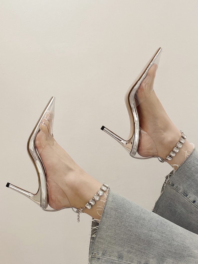 Damen High Heels Rose Transparent Spitzschuh Strass Knöchelriemen Pumps - Silber