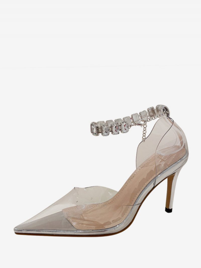 Damen High Heels Rose Transparent Spitzschuh Strass Knöchelriemen Pumps - Silber