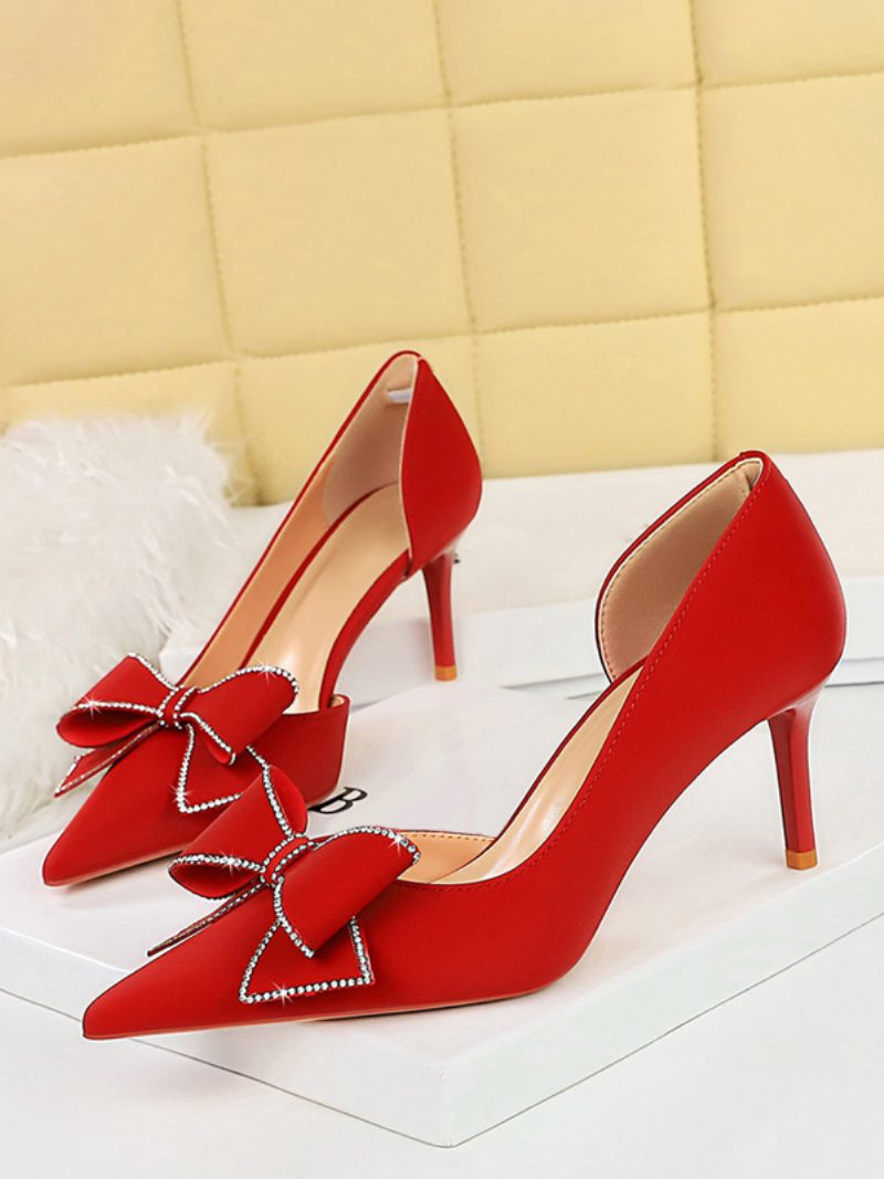 Damen High Heels Schleifen Elegante Pumps Spitze Zehen Stiletto - Rot