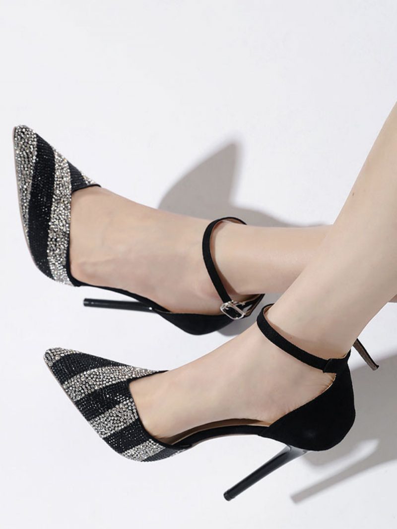 Damen-high-heels Strass-pumps Schick Spitzer Zehenbereich Stiletto-absatz Wildleder - Schwarz