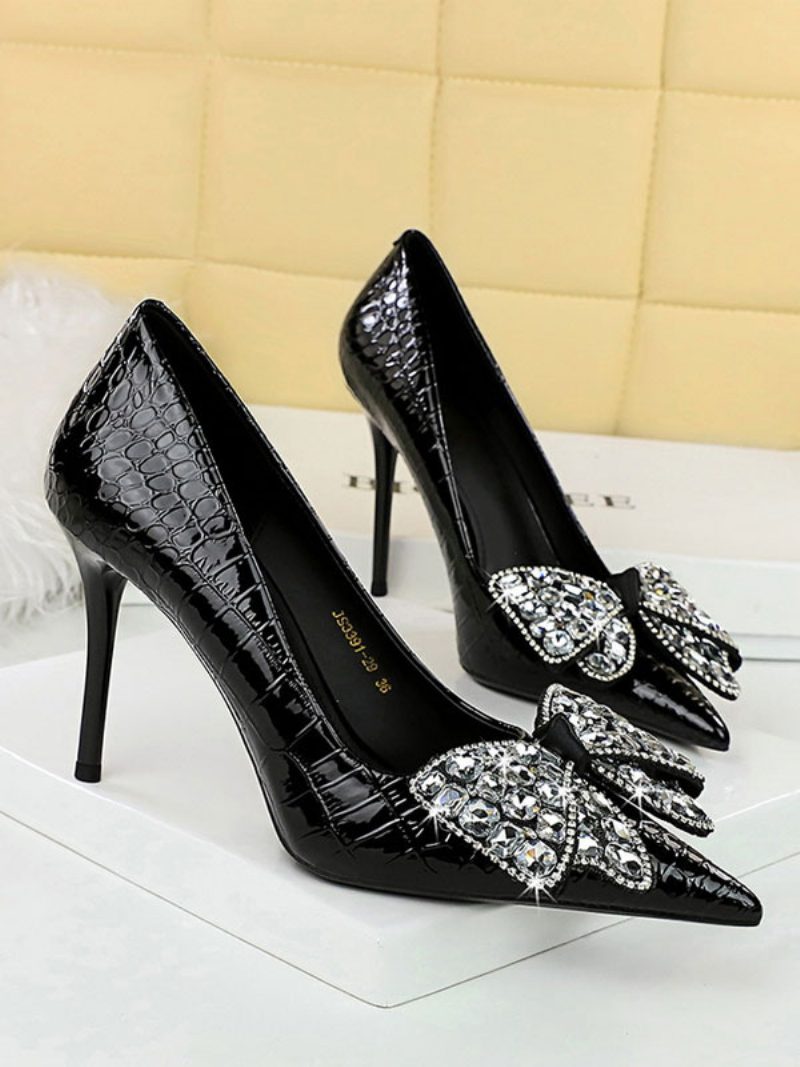 Damen-high-heels Strasssteine Schicke Pumps Spitzer Zehenbereich Stiletto-absatz Pu-leder - Schwarz