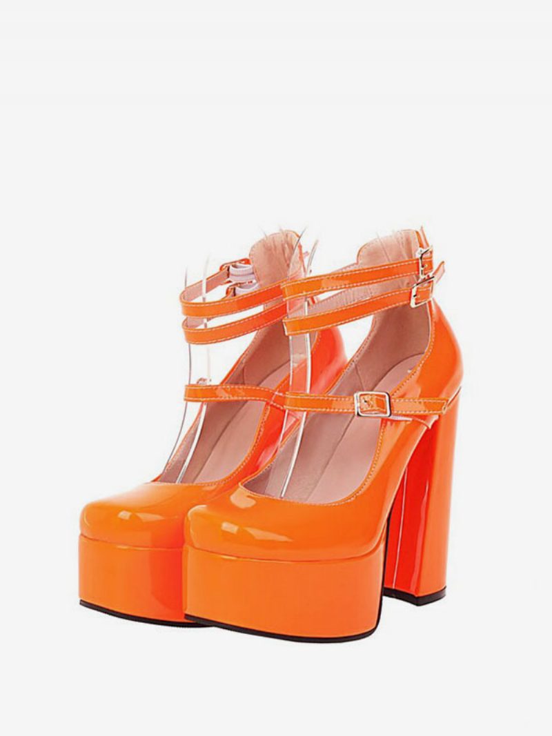 Damen-mary-jane-pumps Mit Plateausohle Und Klobigem Absatz Aus Lackleder - Orangerot