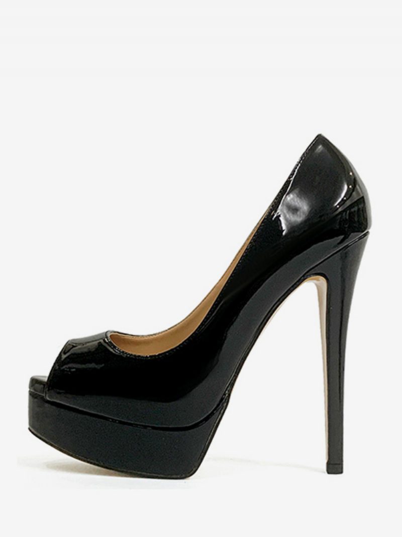 Damen Peep Toe Heels Plateau Slip-on Sexy Pumps - Schwarz