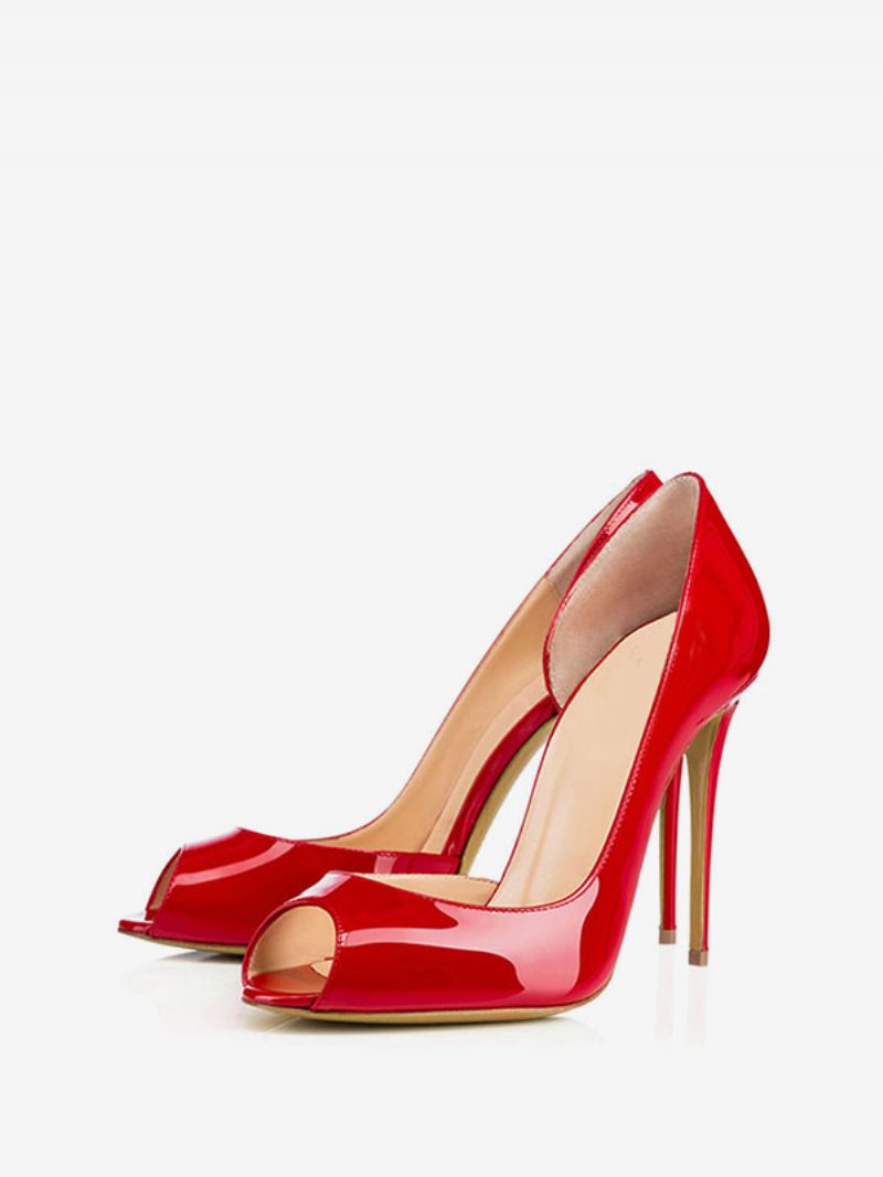 Damen-peep-toe-pumps Aus Lackleder Mit Stiletto-absatz Und Hohem Absatz Schwarz - Rot