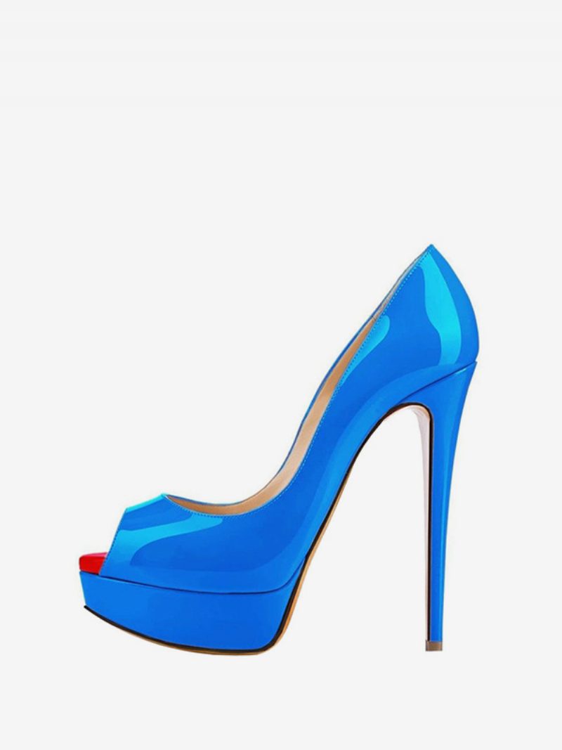 Damen Plateau Peep Toe Heels Lackleder Stiletto Heel Sexy Party Pumps - Blau