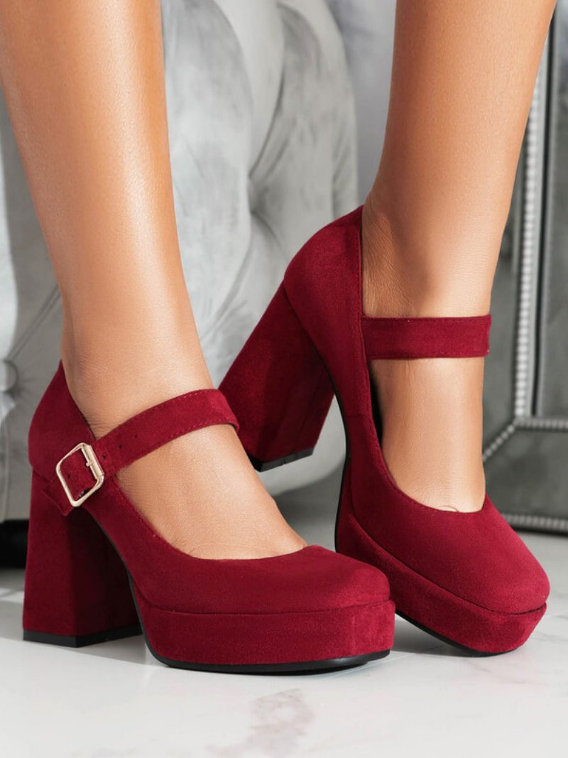 Damen-plateau-pumps Quadratischer Zehenbereich Klobiger Absatz Schnalle Riemchen-mary-jane-pumps - Rot