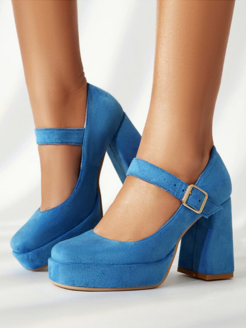 Damen-plateau-pumps Quadratischer Zehenbereich Klobiger Absatz Schnalle Riemchen-mary-jane-pumps - Blau