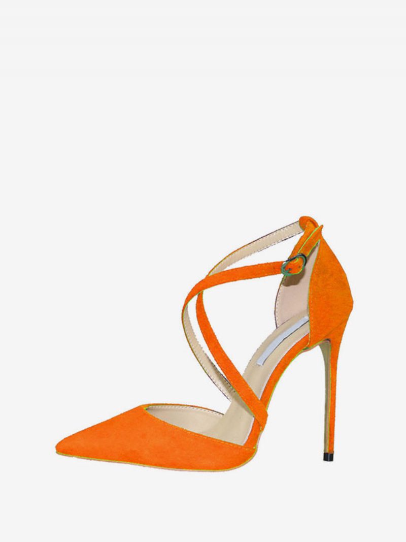 Damen-pumps Aus Wildleder Mit Spitzem Zehenbereich Und Überkreuztem Stiletto-absatz - Orange