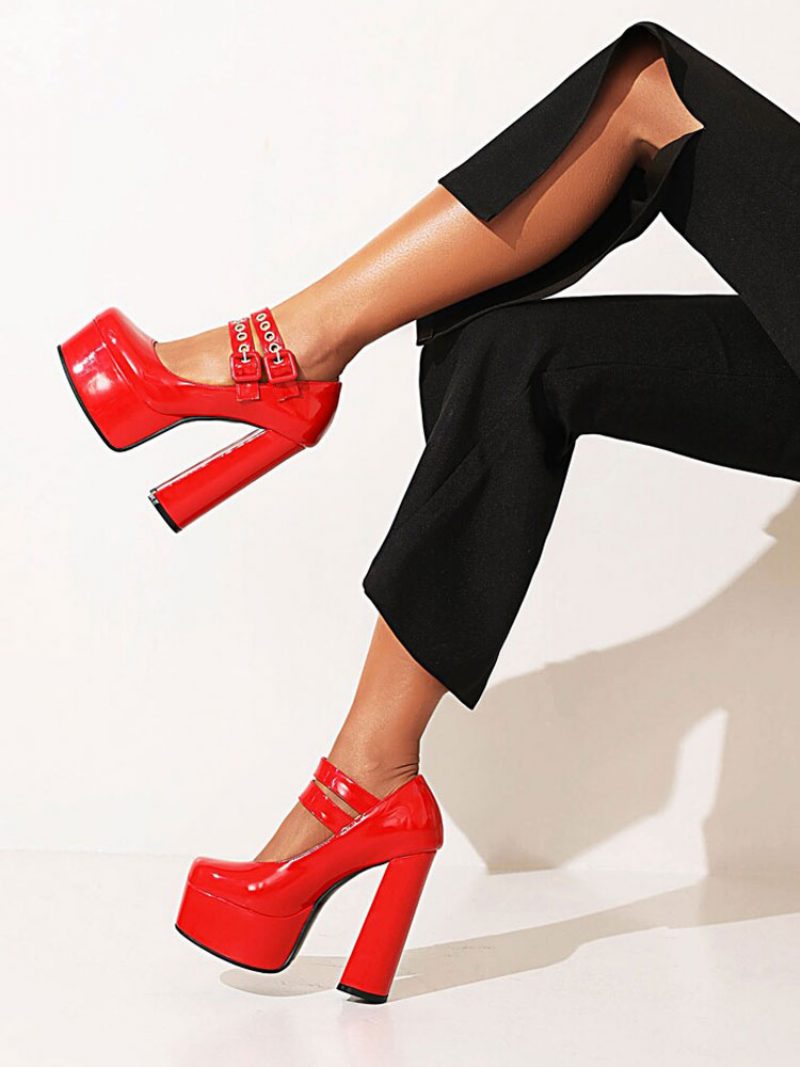 Damen-pumps Im Mary-jane-stil Mit Plateausohle Und Dickem Absatz Doppelschnallen - Rot