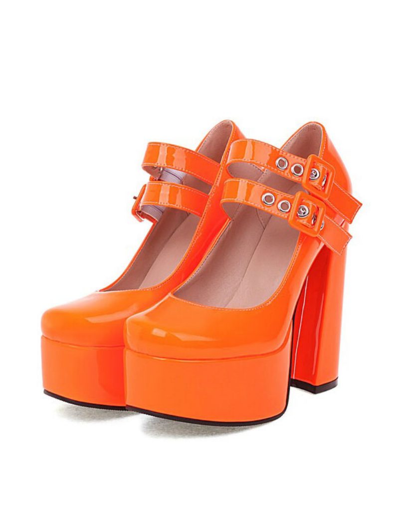 Damen-pumps Im Mary-jane-stil Mit Plateausohle Und Dickem Absatz Doppelschnallen - Orangerot