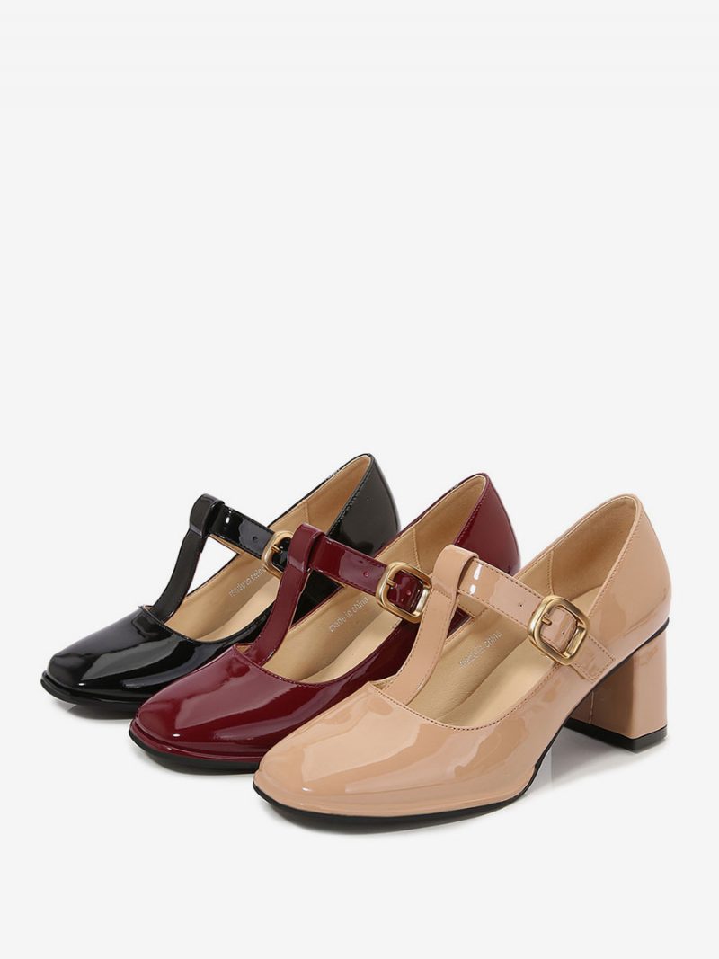 Damen-pumps Im Vintage-stil Quadratische Zehenpartie T-riemen Klobiger Absatz