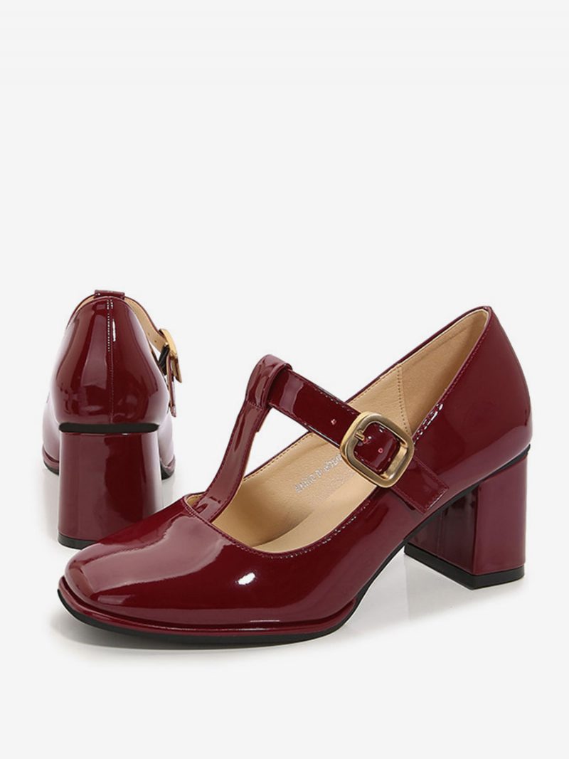 Damen-pumps Im Vintage-stil Quadratische Zehenpartie T-riemen Klobiger Absatz - Burgund