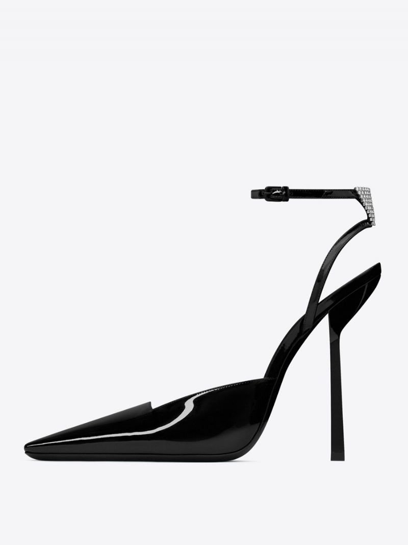 Damen-pumps Mit Eckigem Zehenbereich Stiletto-absatz Und Knöchelriemen - Schwarz