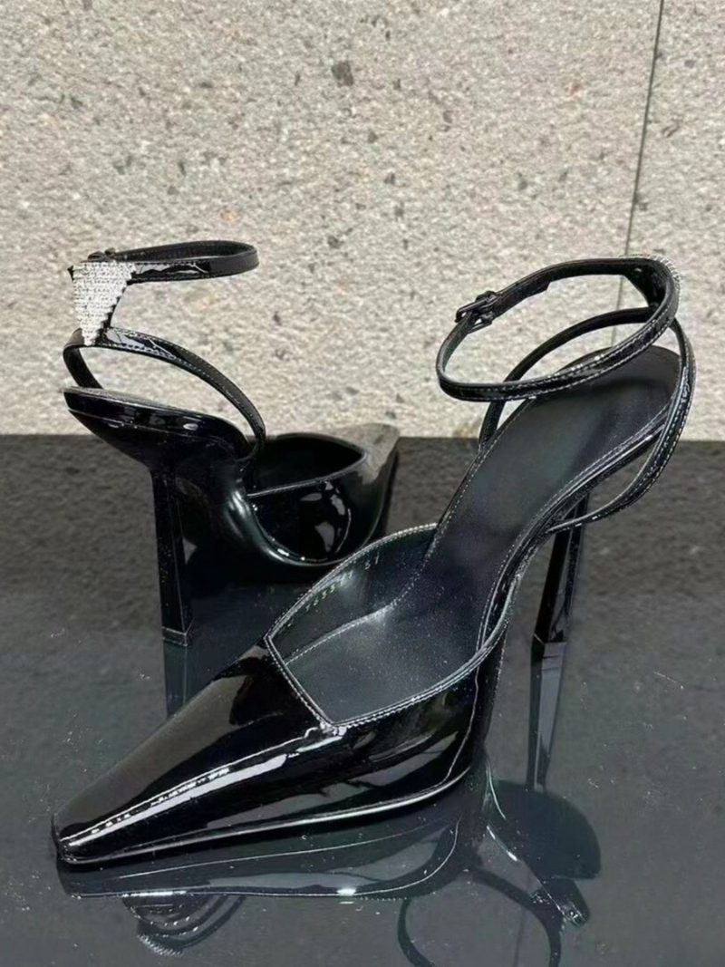 Damen-pumps Mit Eckigem Zehenbereich Stiletto-absatz Und Knöchelriemen - Schwarz