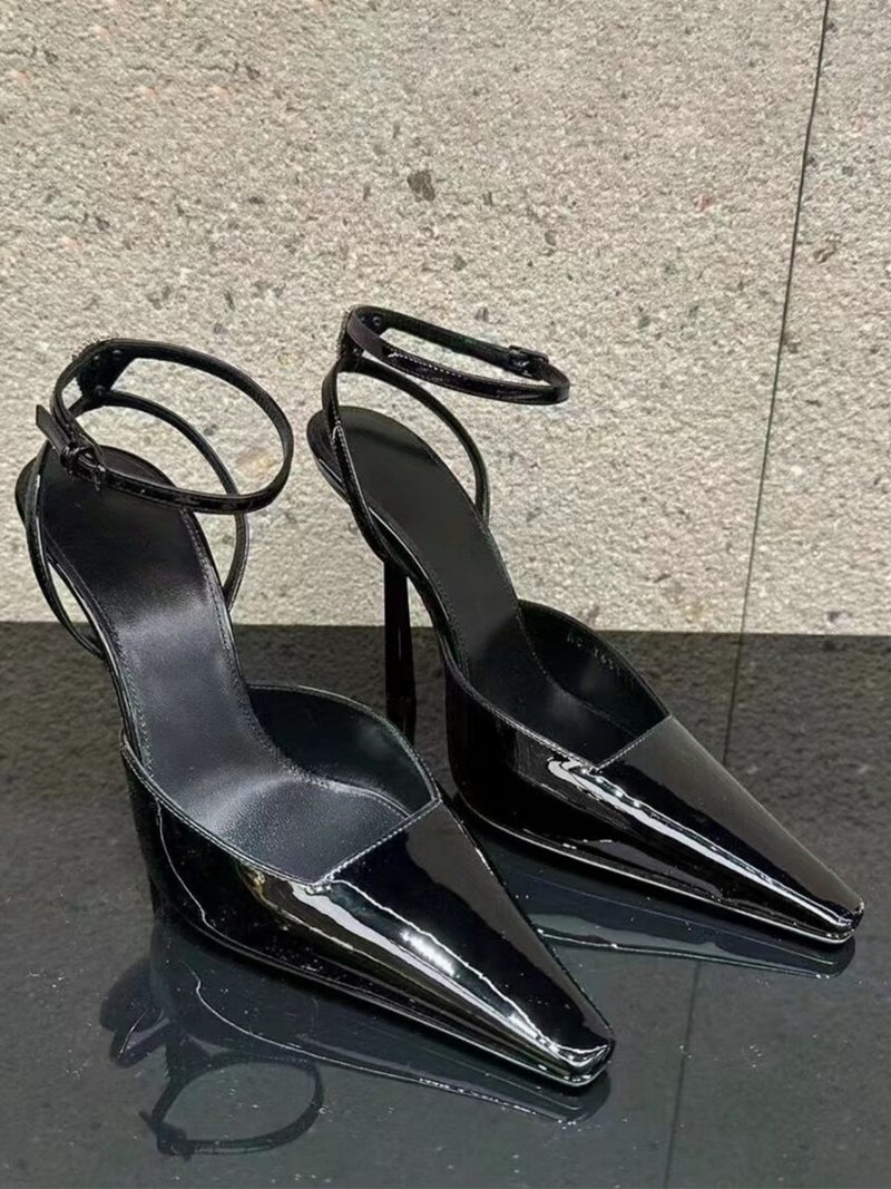 Damen-pumps Mit Eckigem Zehenbereich Stiletto-absatz Und Knöchelriemen - Schwarz