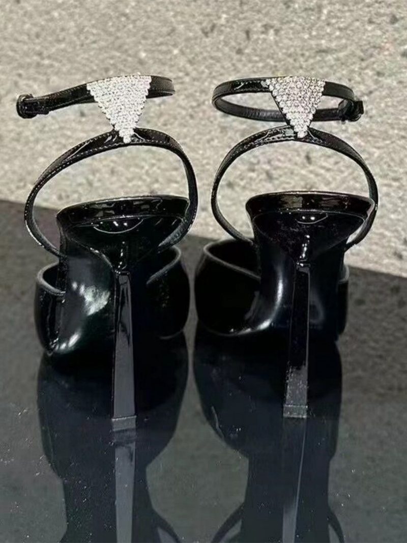 Damen-pumps Mit Eckigem Zehenbereich Stiletto-absatz Und Knöchelriemen - Schwarz