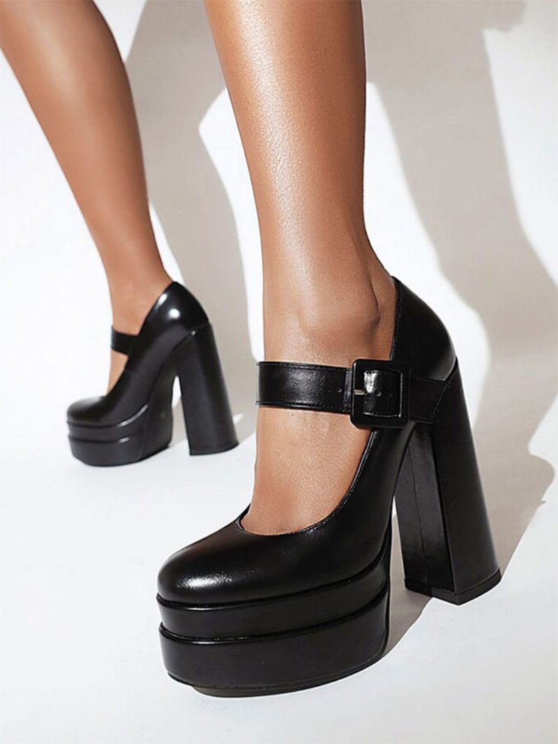 Damen-pumps Mit Hohem Absatz Plateausohle Und Klobigem Aus Pu-leder - Schwarz