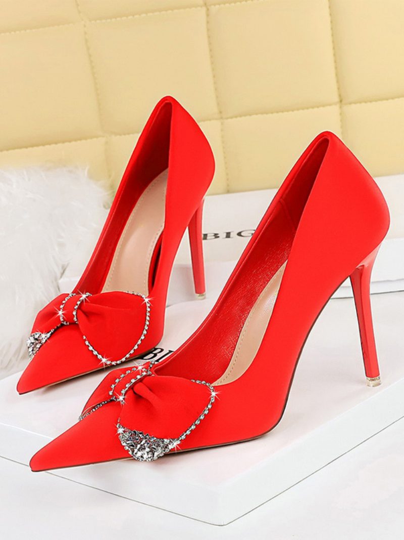 Damen-pumps Mit Hohem Absatz Satin Spitze Zehenpartie Schleife Stiletto-absatz - Rot