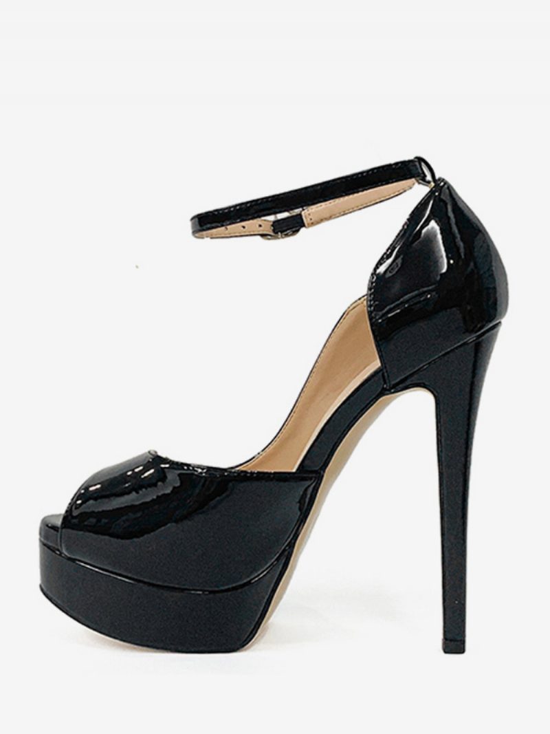 Damen-pumps Mit Hohem Absatz Und Plateausohle Peep-toe-stil Knöchelriemen - Schwarz