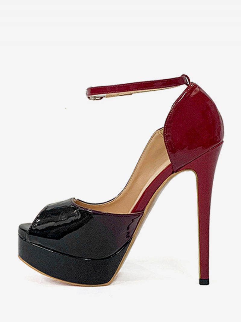 Damen-pumps Mit Hohem Absatz Und Plateausohle Peep-toe-stil Knöchelriemen - Schwarz+Rot