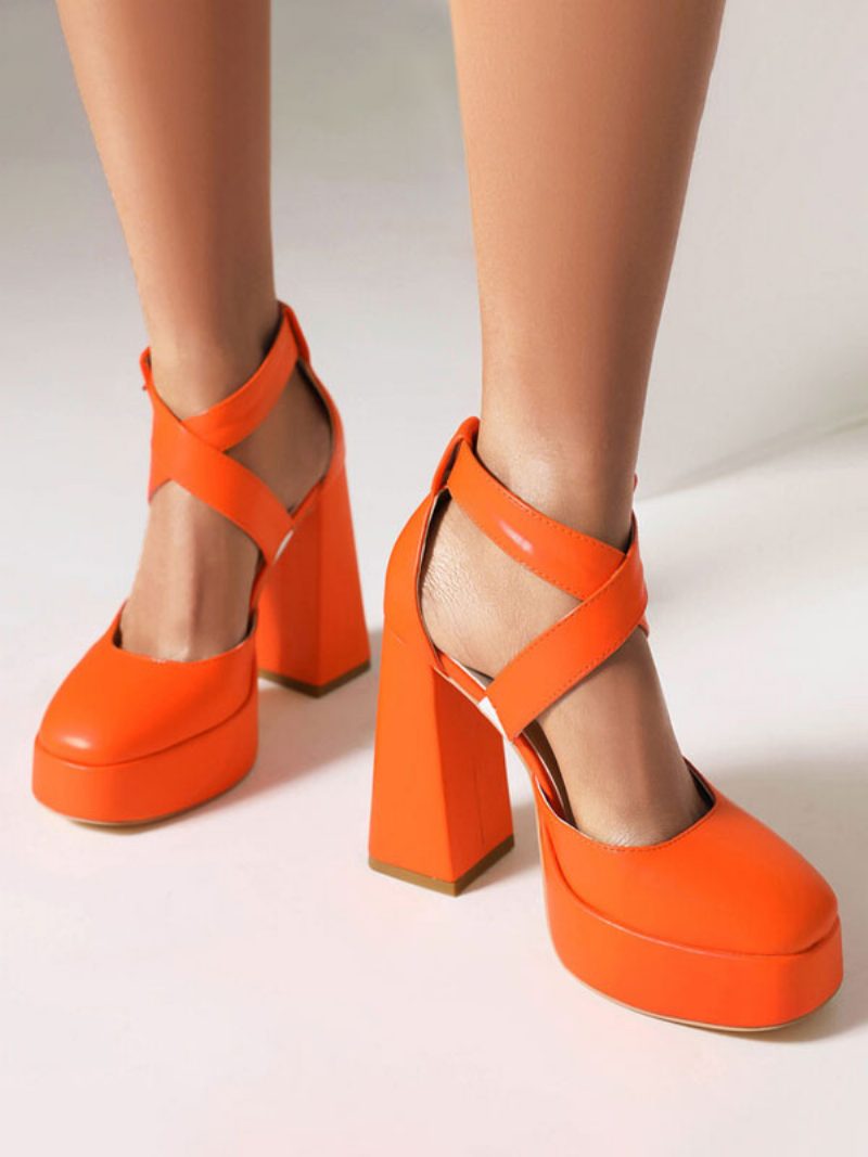 Damen-pumps Mit Runder Zehenpartie Und Dickem Absatz Aus Pu-leder - Orange