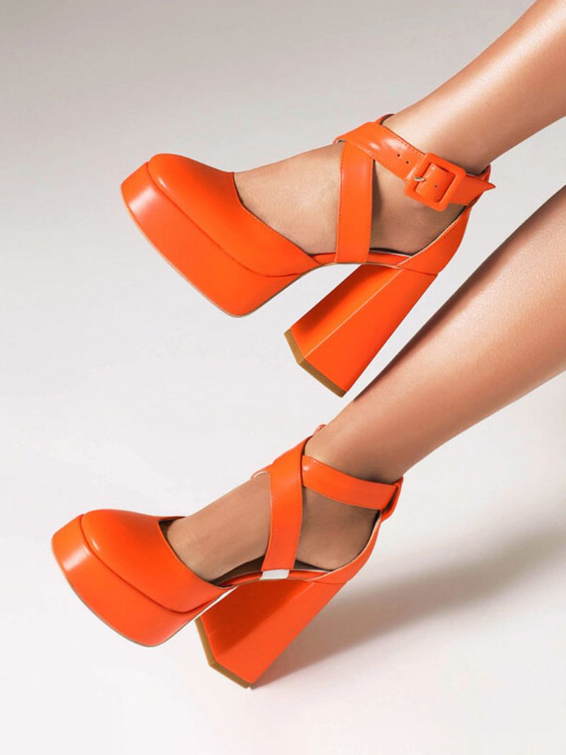 Damen-pumps Mit Runder Zehenpartie Und Dickem Absatz Aus Pu-leder - Orange