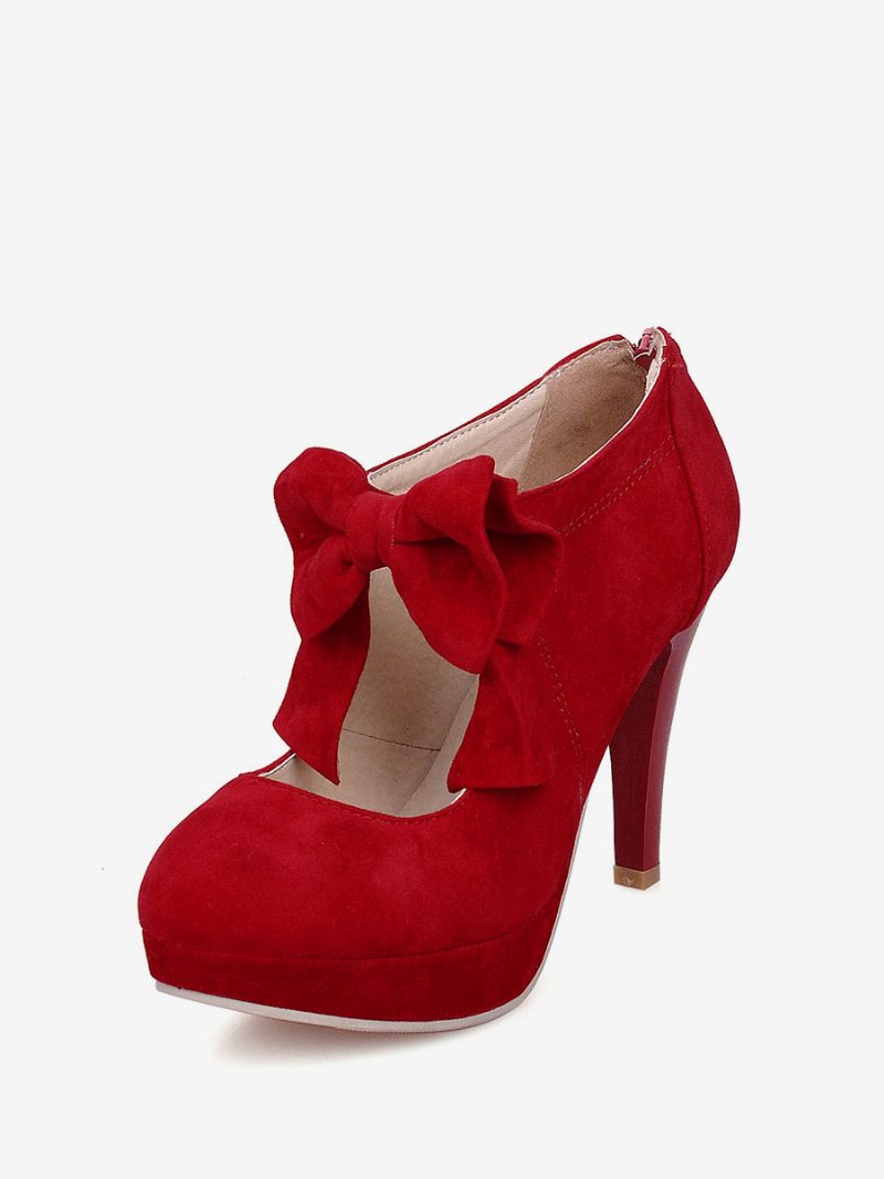 Damen-pumps Mit Schwarzem Vintage-absatz Plateau Runder Zehenpartie Fliege Und Mary-jane-absatz - Rot