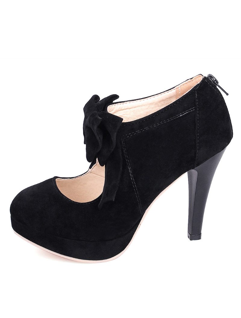 Damen-pumps Mit Schwarzem Vintage-absatz Plateau Runder Zehenpartie Fliege Und Mary-jane-absatz - Schwarz