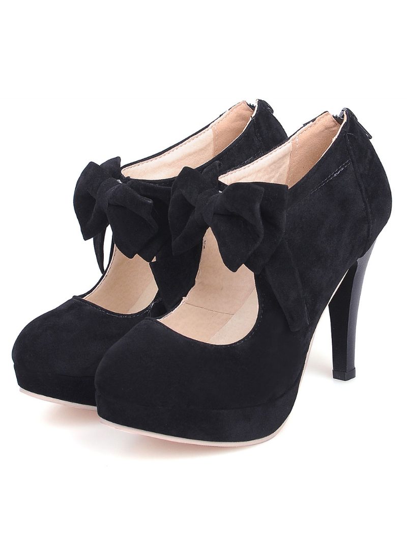 Damen-pumps Mit Schwarzem Vintage-absatz Plateau Runder Zehenpartie Fliege Und Mary-jane-absatz - Schwarz