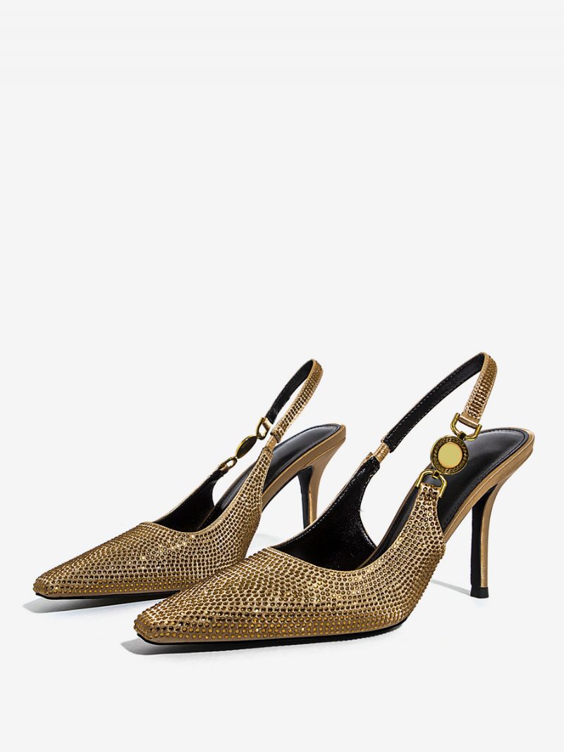 Damen-pumps Mit Schwarzen Absätzen Strasssteinen Stiletto-absatz Slingback-pumps Partyschuhe - Gold