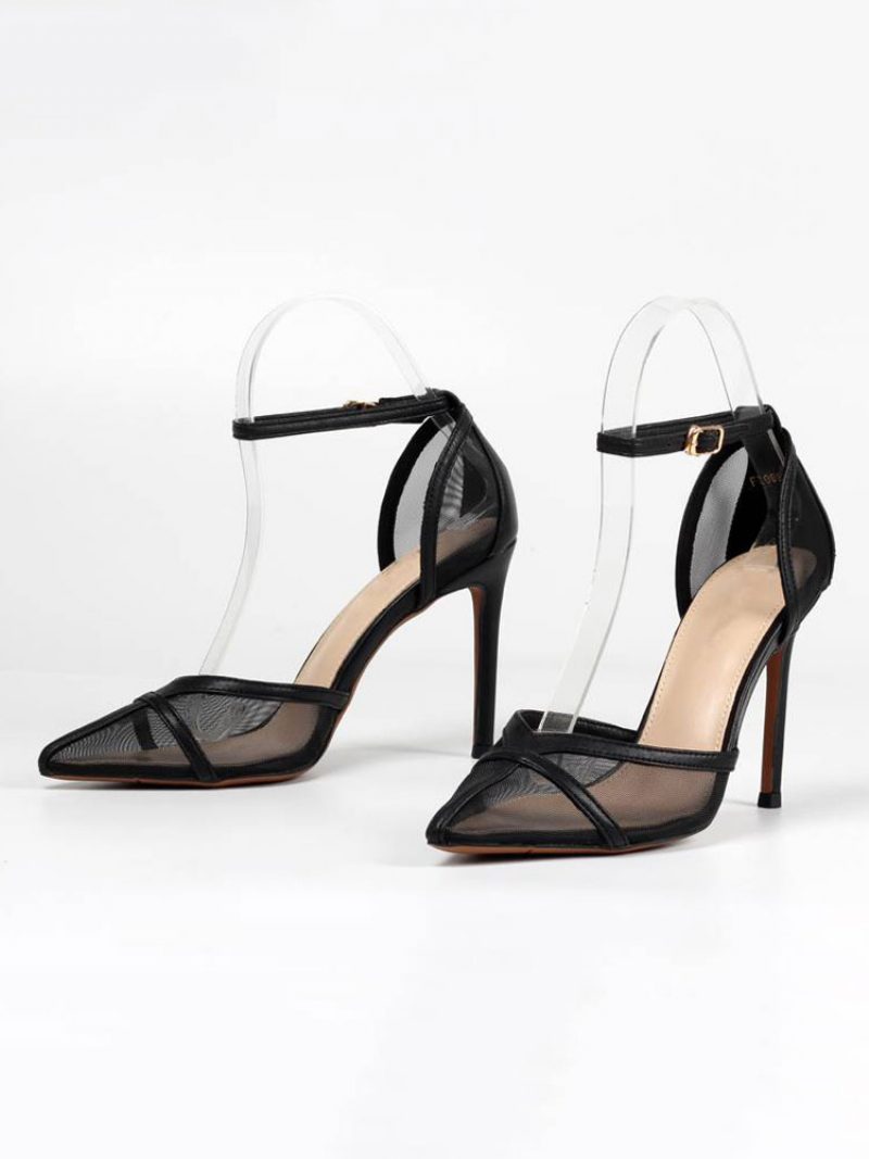 Damen-pumps Mit Stiletto-absatz Und Knöchelriemen Gelb Mesh - Schwarz