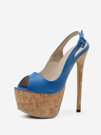 Damen-sandalen Mit Stiletto-absatz Pu-leder Peep-toe Blaue Slingback-pumps Hohem Absatz