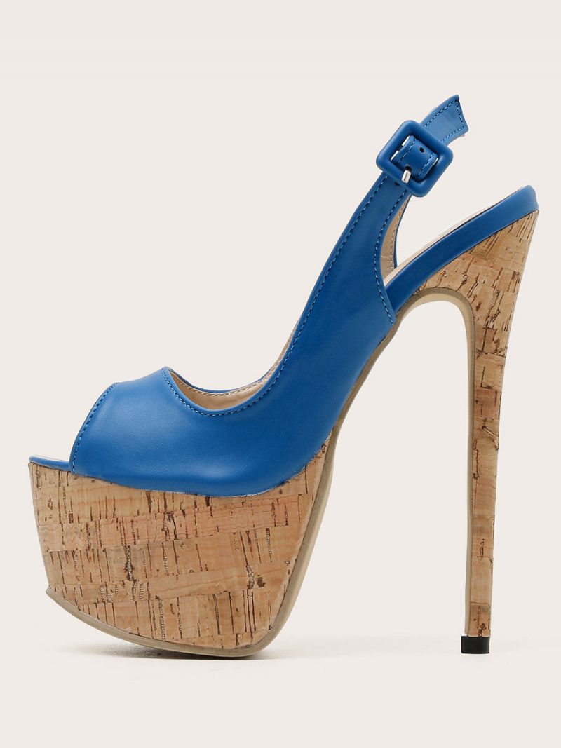 Damen-sandalen Mit Stiletto-absatz Pu-leder Peep-toe Blaue Slingback-pumps Hohem Absatz - Blau