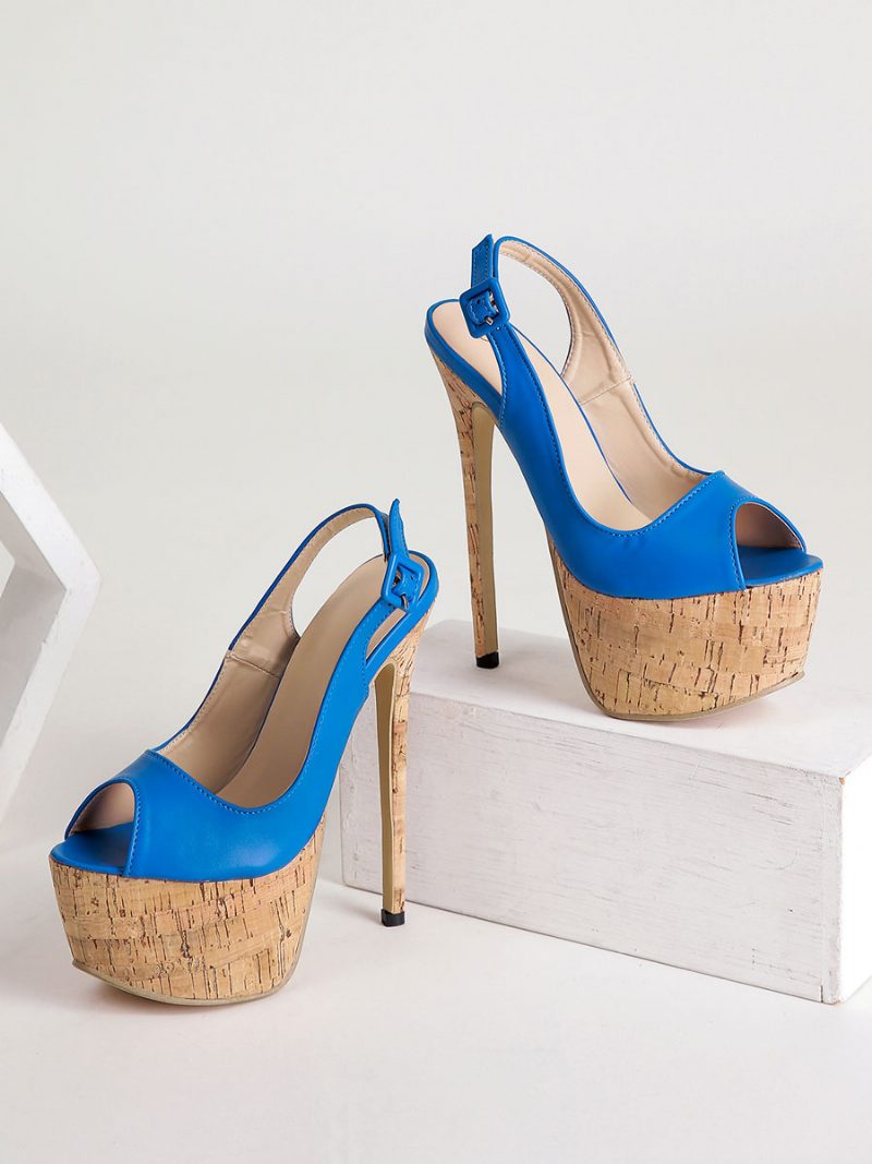 Damen-sandalen Mit Stiletto-absatz Pu-leder Peep-toe Blaue Slingback-pumps Hohem Absatz - Blau