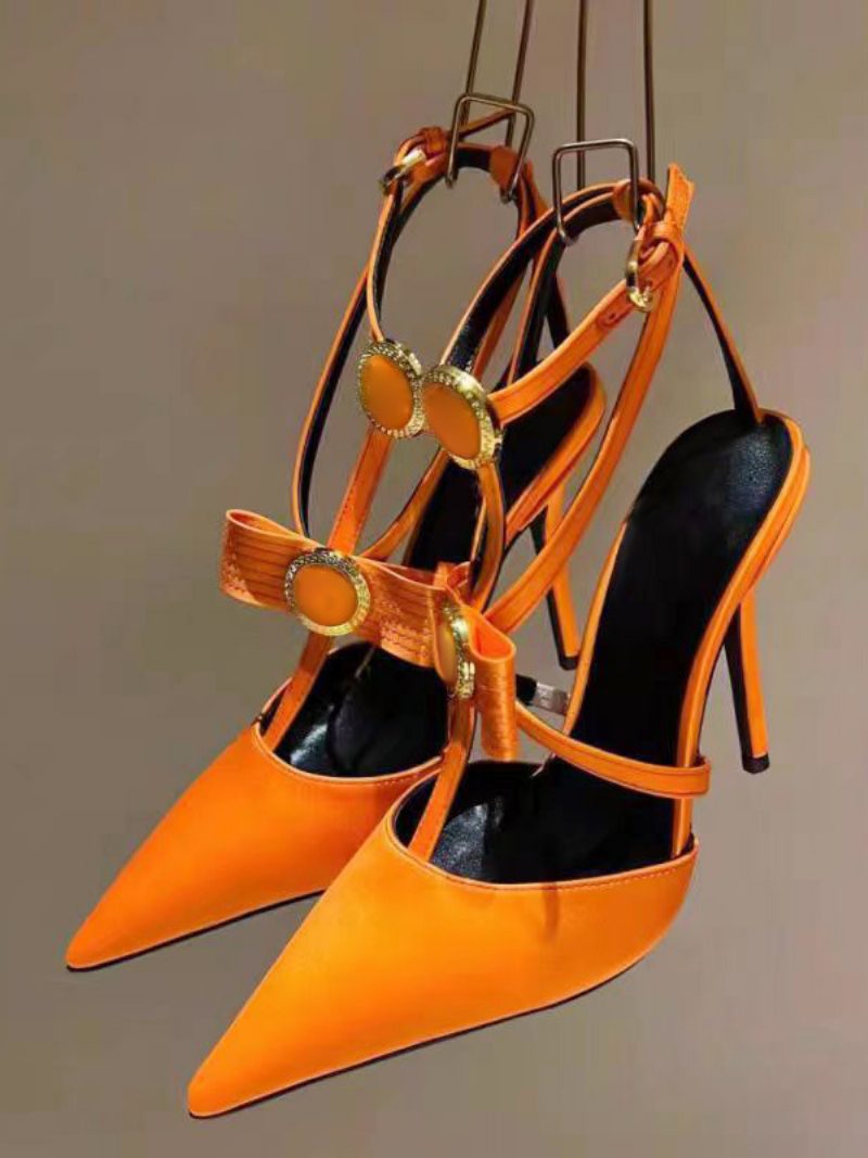 Damen-satin-high-heels Mit Spitzer Zehenpartie Schleife Riemchen Stiletto-absatz Ballschuhe - Orange