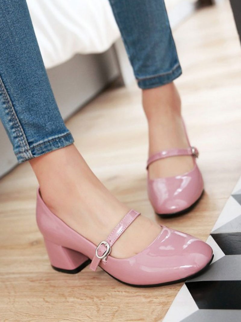 Damen-schuhe Mit Mittelhohen Niedrigen Absätzen Runder Zehenbereich Pu-leder Hübsche Pumps Absätze Schuhe Vintage-schuhe - Rosa