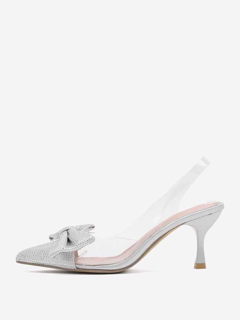 Damen-slingback-heels Mit Strasssteinen Transparenter Stiletto-absatz Silberne Pumps Pvc-obermaterial - Silber